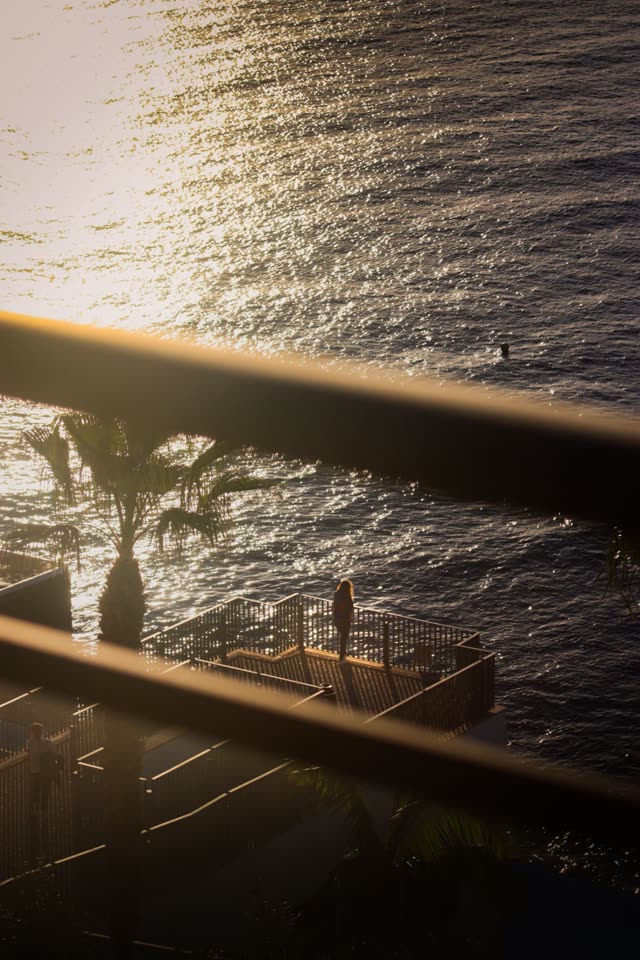 Sunlight glittering on the sea, seen through the railings of a viewpoint