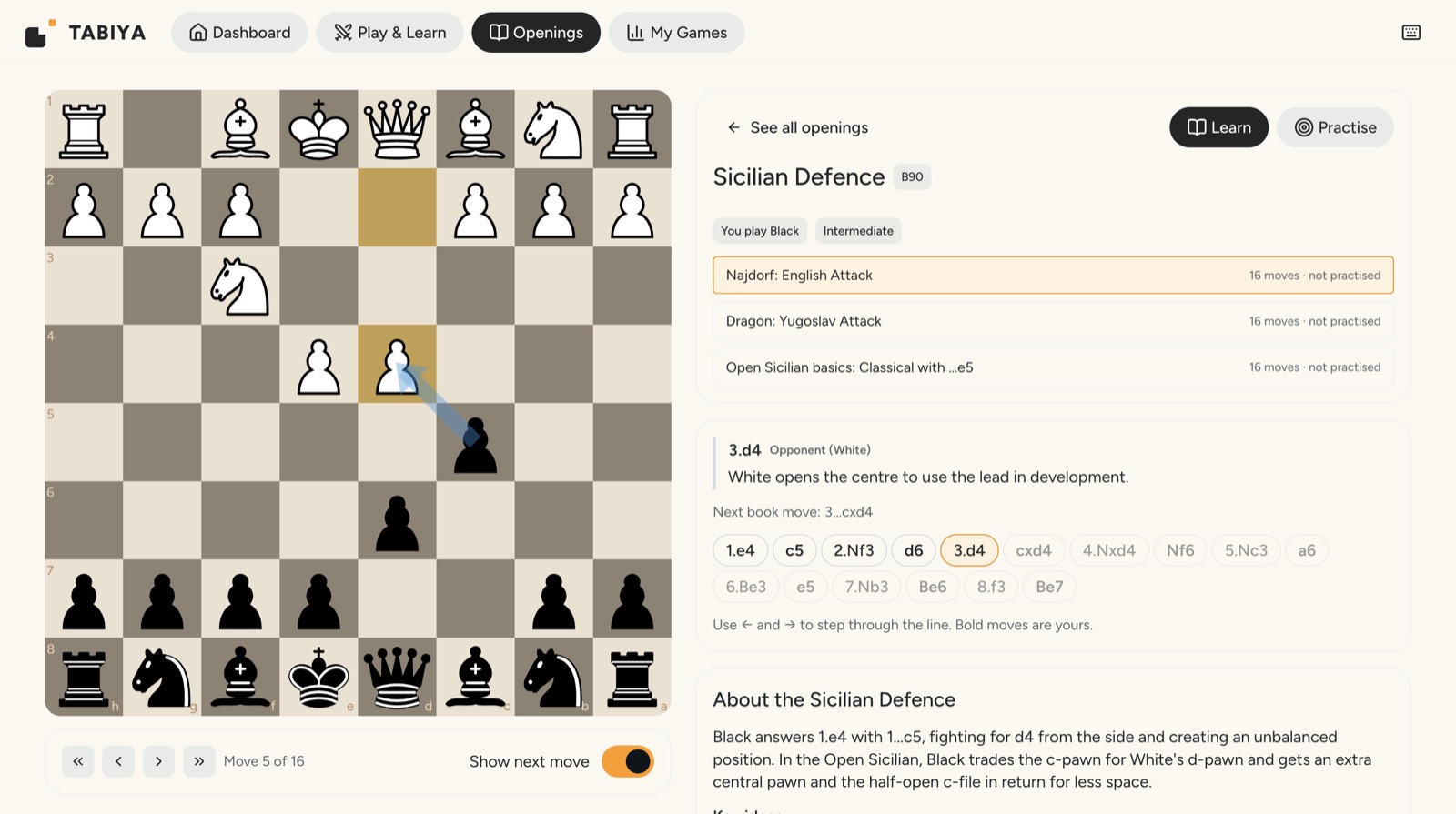 The Sicilian Defence in Learn mode: the line list, the board with an arrow on 3.d4, and the explanation that White opens the centre to use the lead in development.