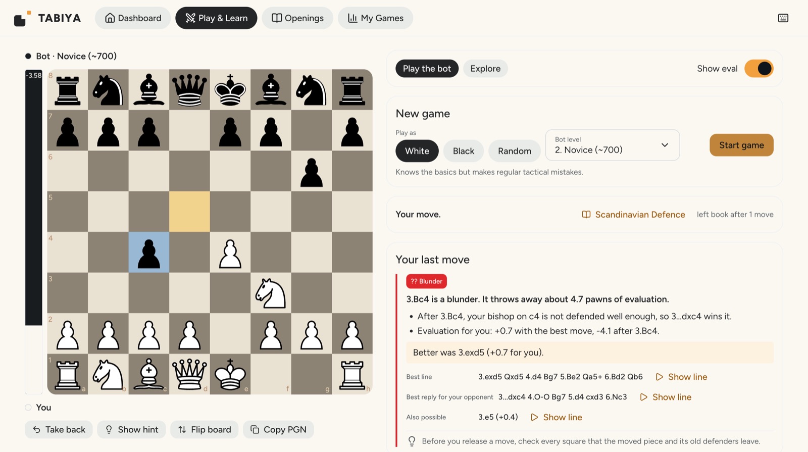 Play and Learn: the coach marks 3.Bc4 as a blunder, explains that the bishop is not defended well enough, gives the evaluation before and after, and lists the best line.